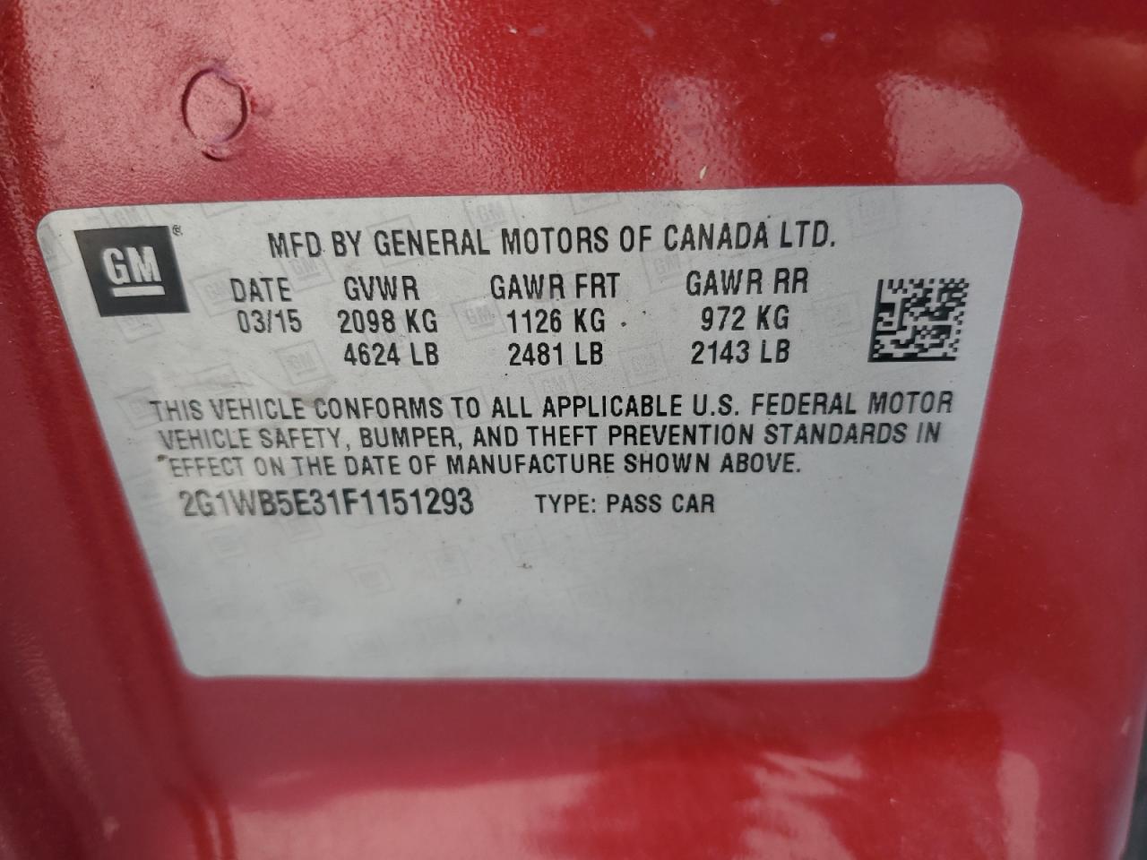 2015 Chevrolet Impala Limited Lt VIN: 2G1WB5E31F1151293 Lot: 81997965