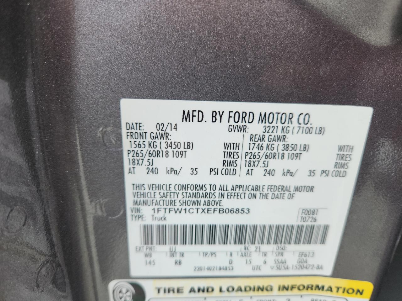 2014 Ford F150 Supercrew VIN: 1FTFW1CTXEFB06853 Lot: 86283905