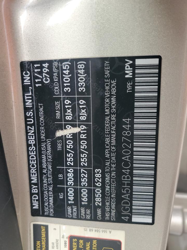 2012 Mercedes-Benz Ml 350 4Matic VIN: 4JGDA5HB4CA027844 Lot: 85289985