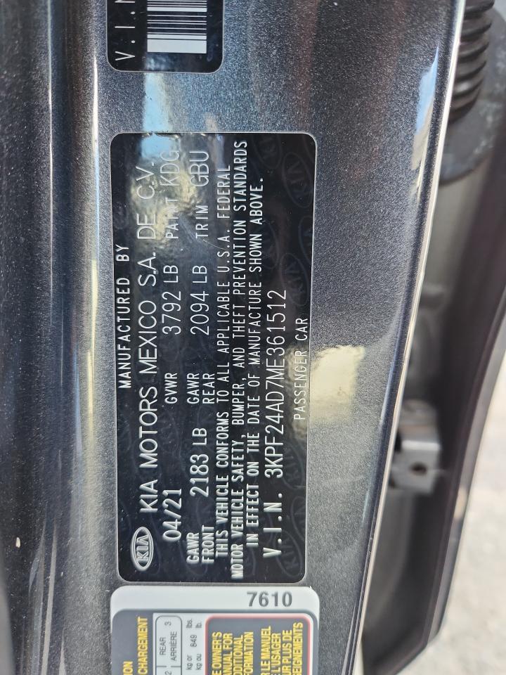 2021 Kia Forte Fe VIN: 3KPF24AD7ME361512 Lot: 89588385