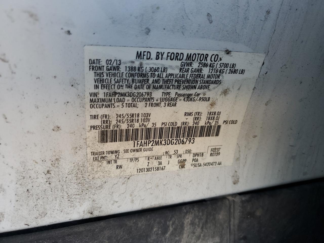 2013 Ford Taurus Police Interceptor VIN: 1FAHP2MK3DG206793 Lot: 86148985