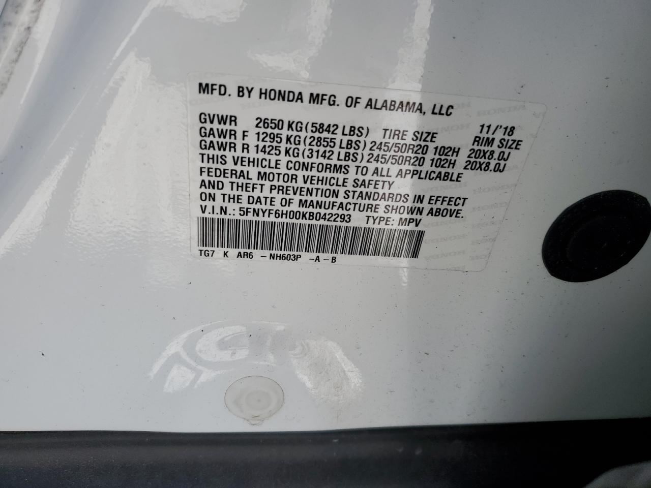 2019 Honda Pilot Elite VIN: 5FNYF6H00KB042293 Lot: 81980885