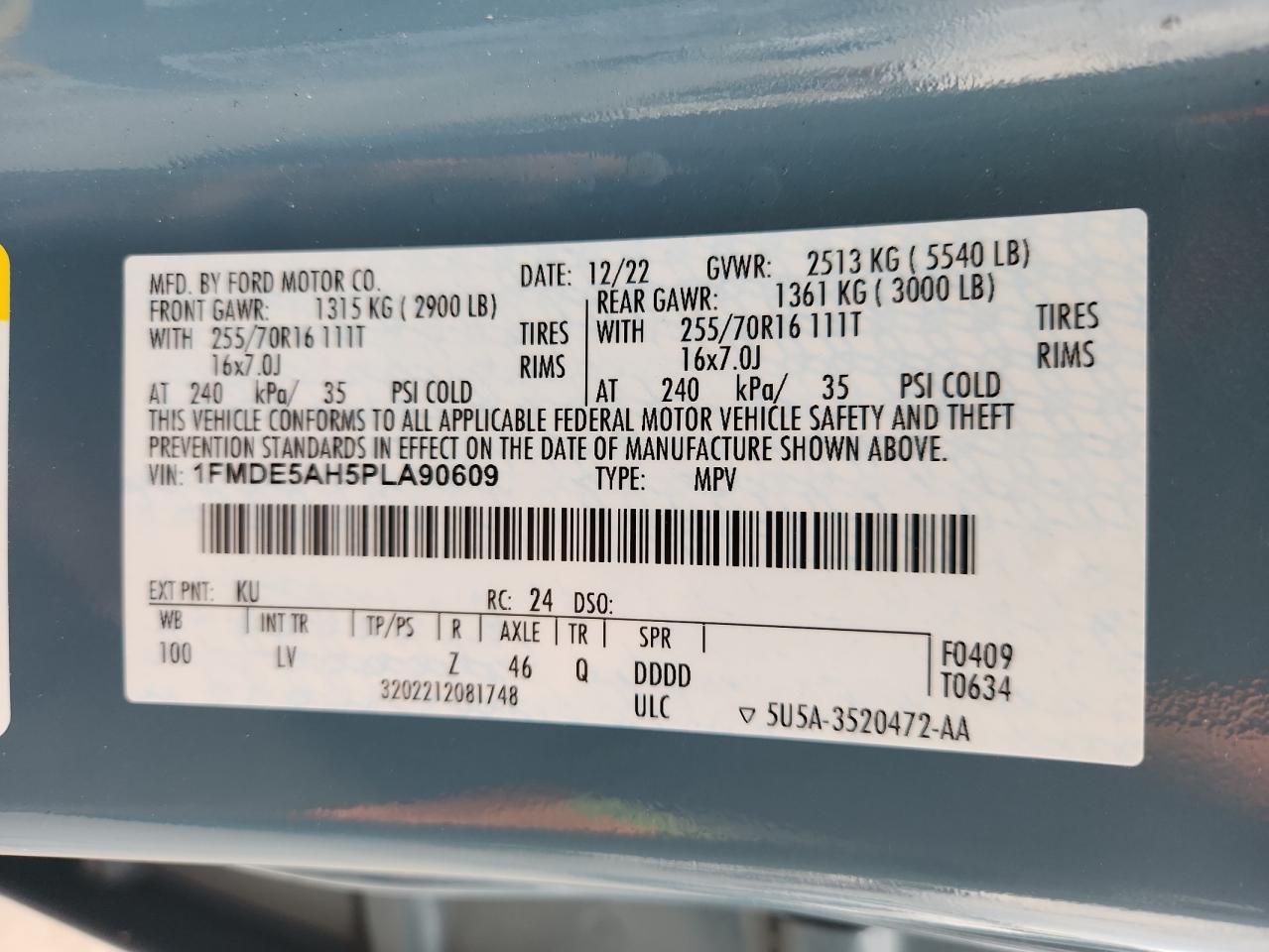 2023 Ford Bronco Base VIN: 1FMDE5AH5PLA90609 Lot: 89484485