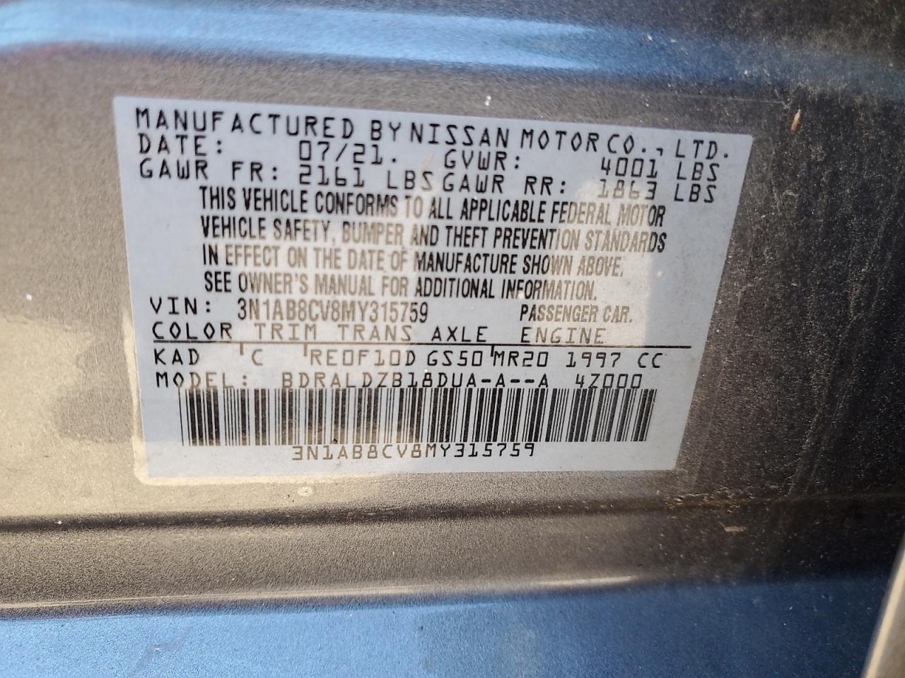 2021 Nissan Sentra Sv VIN: 3N1AB8CV8MY315759 Lot: 86608305