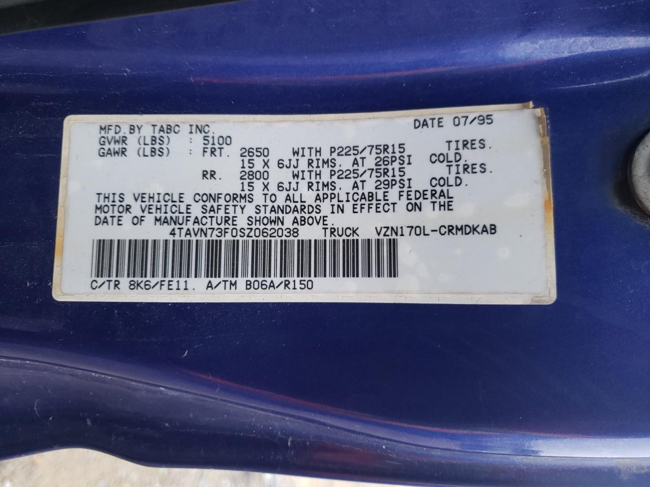 1995 Toyota Tacoma Xtracab VIN: 4TAVN73F0SZ062038 Lot: 82765935