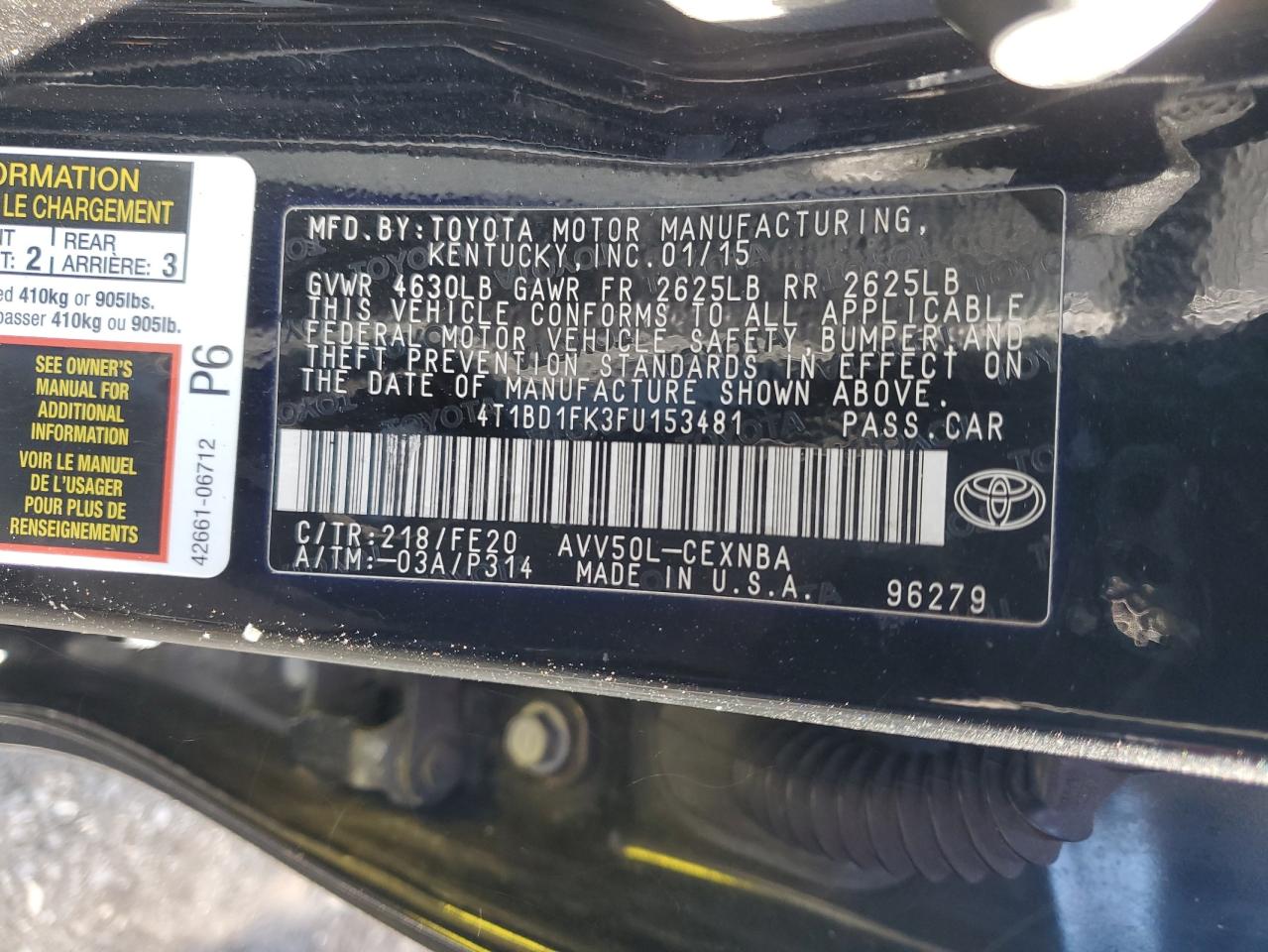 2015 Toyota Camry Hybrid VIN: 4T1BD1FK3FU153481 Lot: 82370075