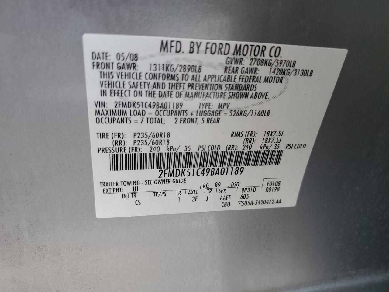 2009 Ford Flex Se VIN: 2FMDK51C49BA01189 Lot: 81875935
