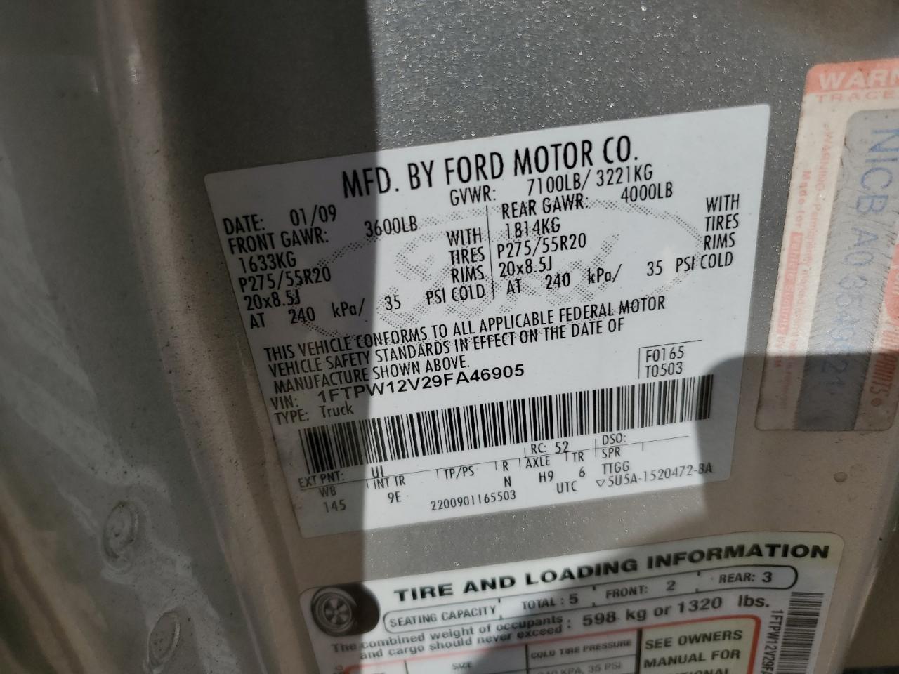 2009 Ford F150 Supercrew VIN: 1FTPW12V29FA46905 Lot: 82591675
