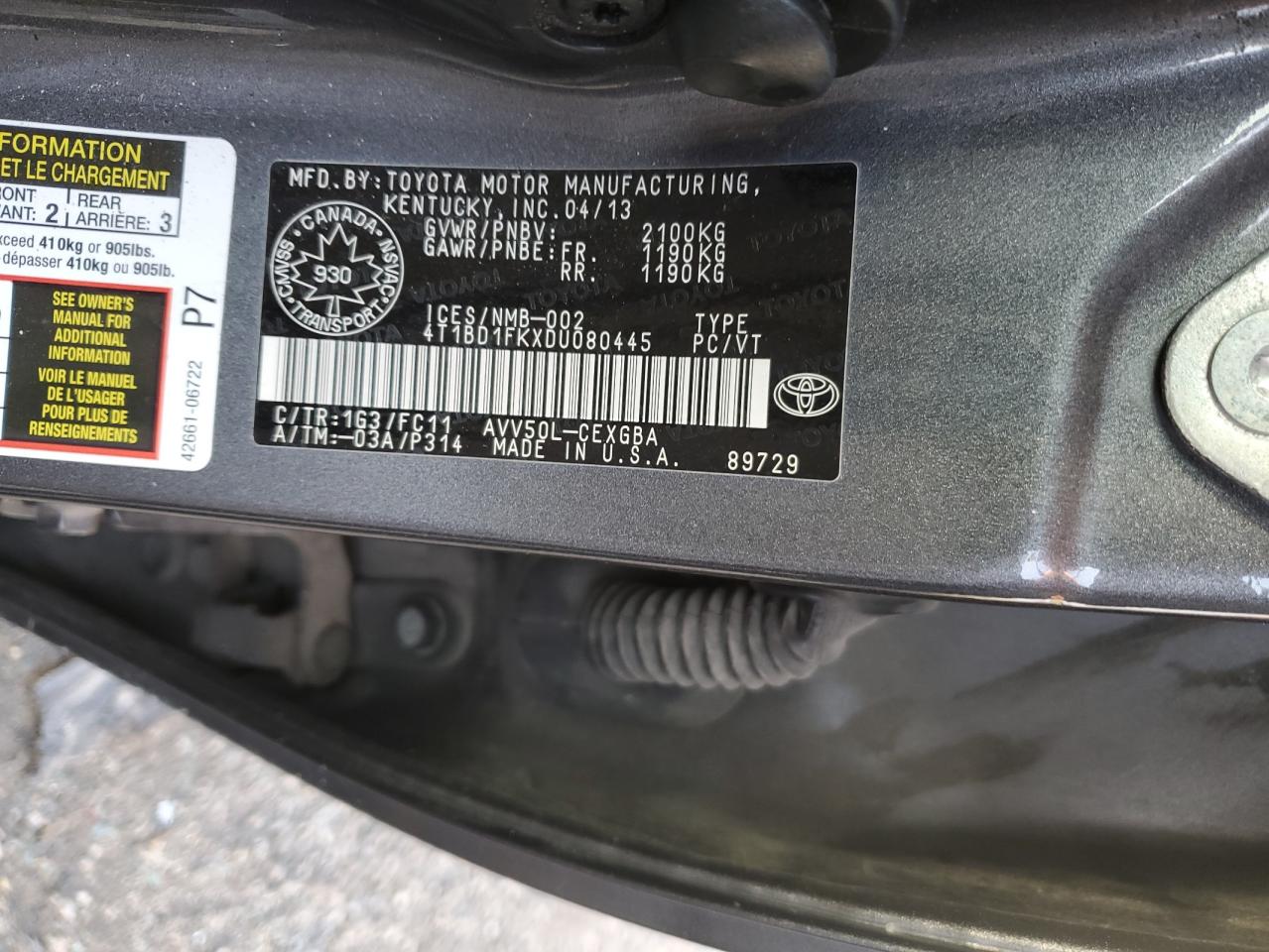 2013 Toyota Camry Hybrid VIN: 4T1BD1FKXDU080445 Lot: 86315315