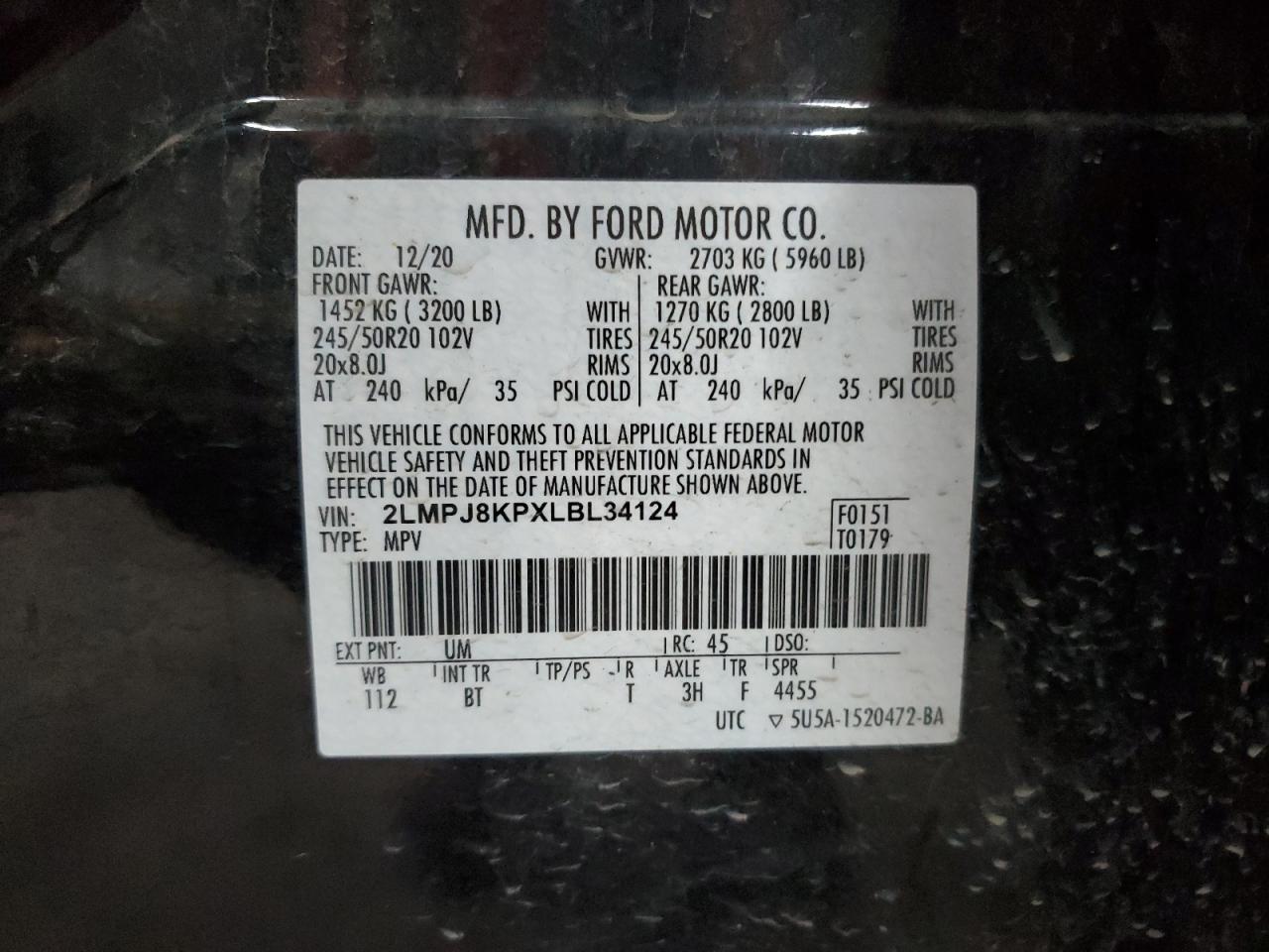 2020 Lincoln Nautilus Reserve VIN: 2LMPJ8KPXLBL34124 Lot: 85875815