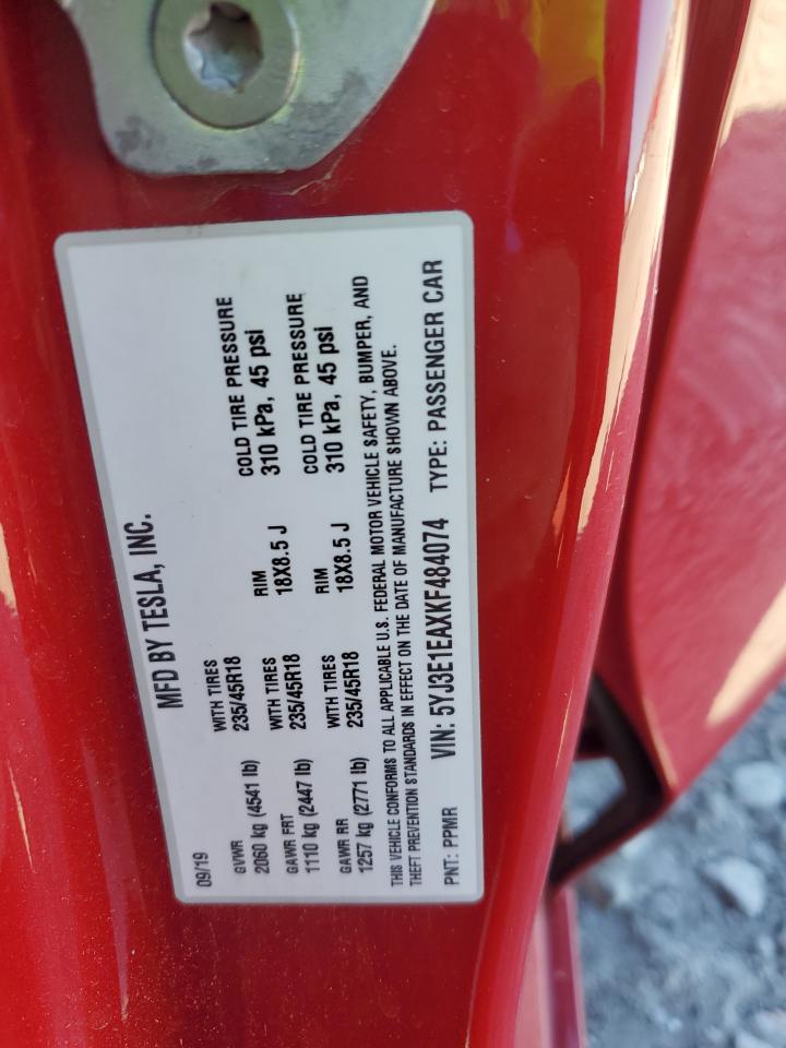 2019 Tesla Model 3 VIN: 5YJ3E1EAXKF484074 Lot: 89711005