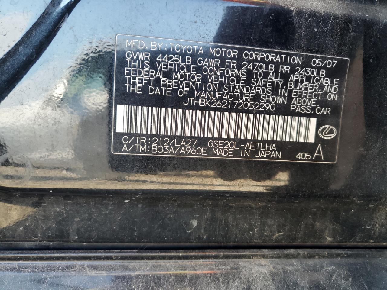 2007 Lexus Is 250 VIN: JTHBK262172052290 Lot: 89737655