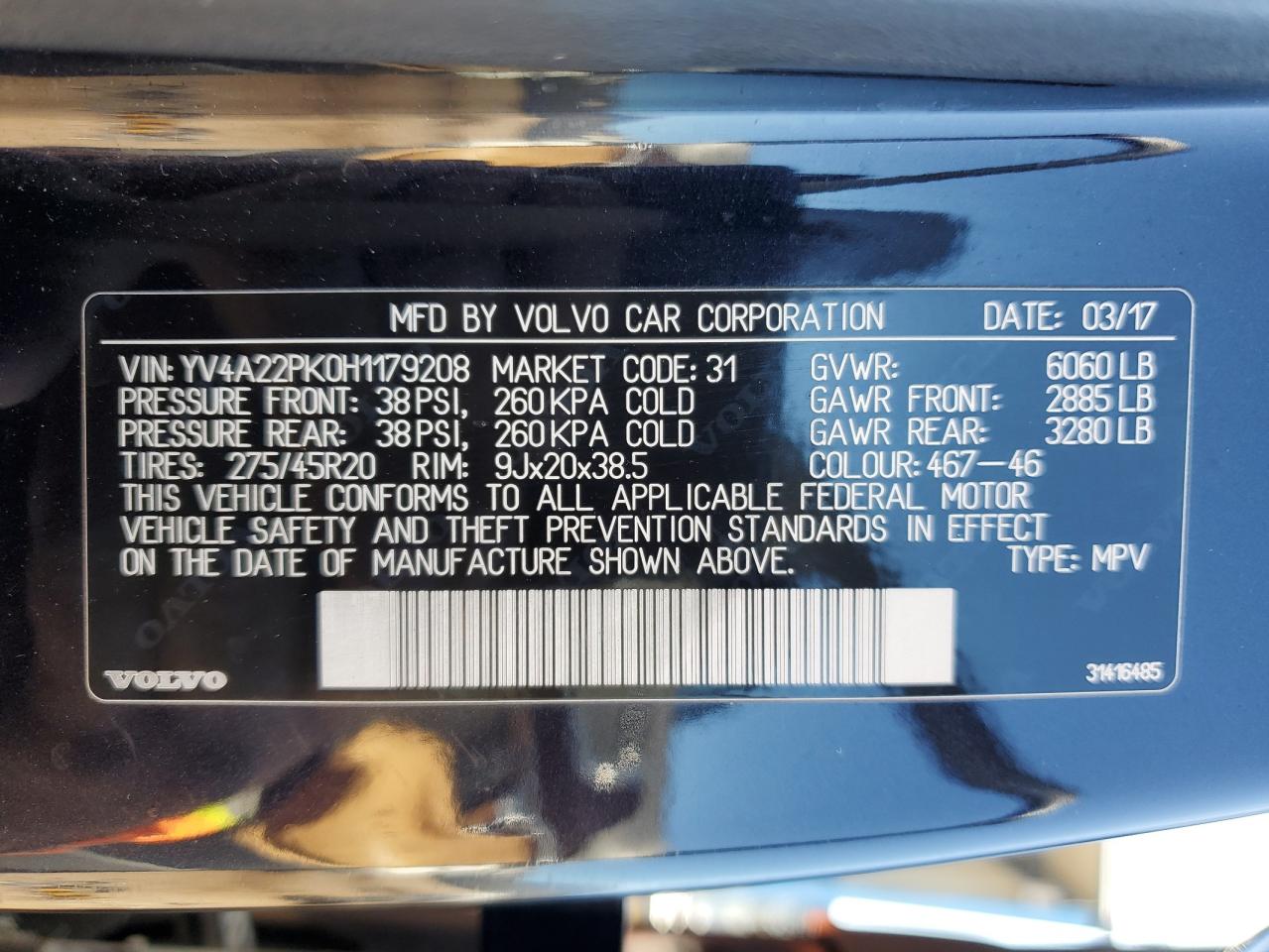 2017 Volvo Xc90 T6 VIN: YV4A22PK0H1179208 Lot: 87295175