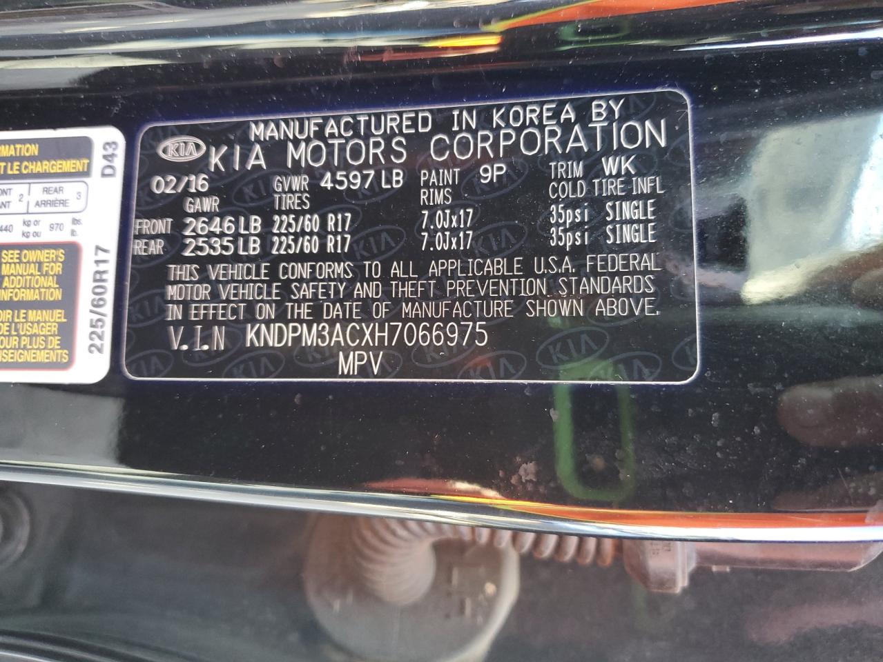 2017 Kia Sportage Lx VIN: KNDPM3ACXH7066975 Lot: 91009005