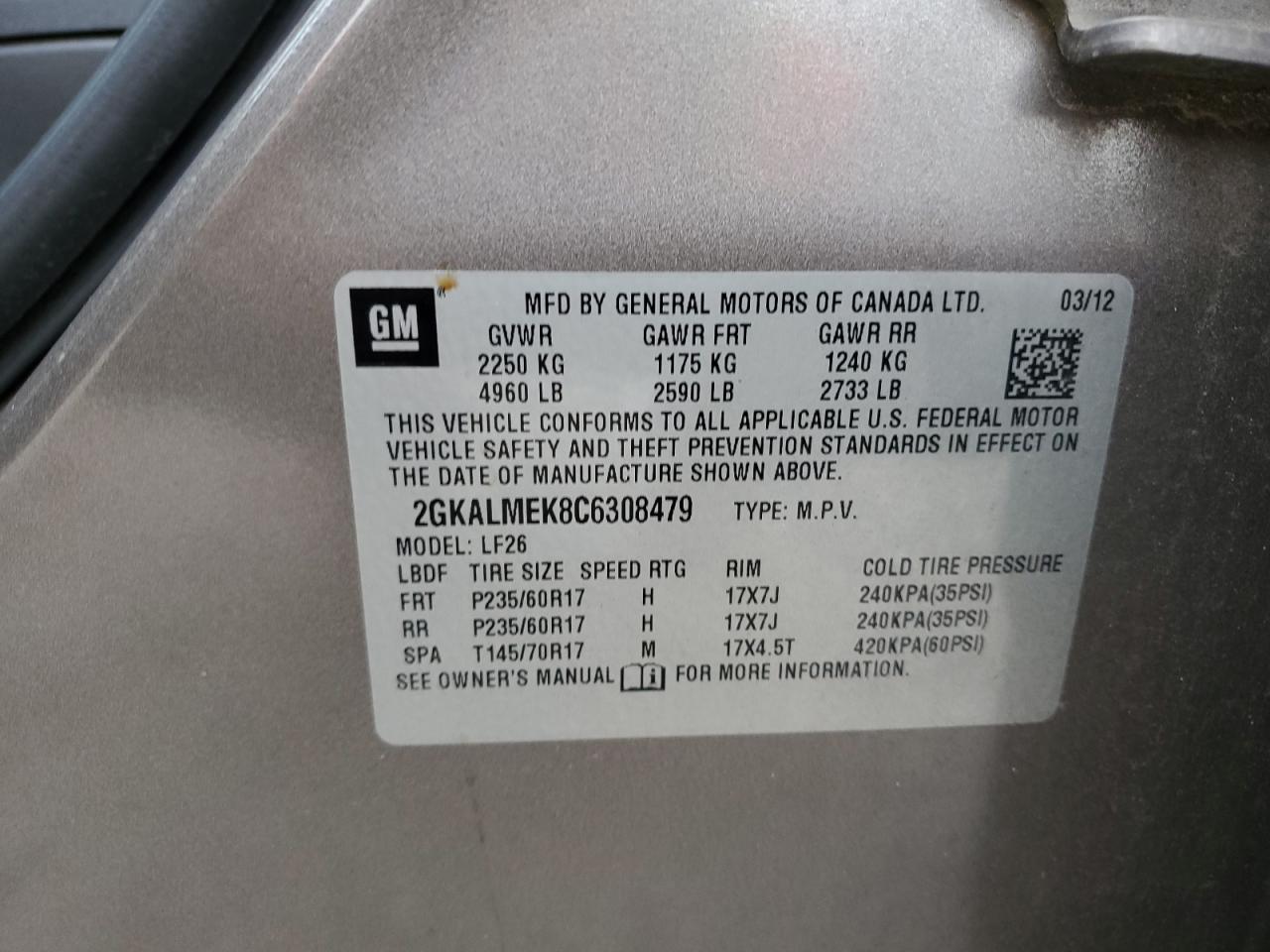 2012 GMC Terrain Sle VIN: 2GKALMEK8C6308479 Lot: 86887795