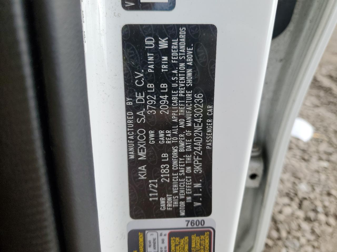 2022 Kia Forte Fe VIN: 3KPF24AD2NE430236 Lot: 82561055