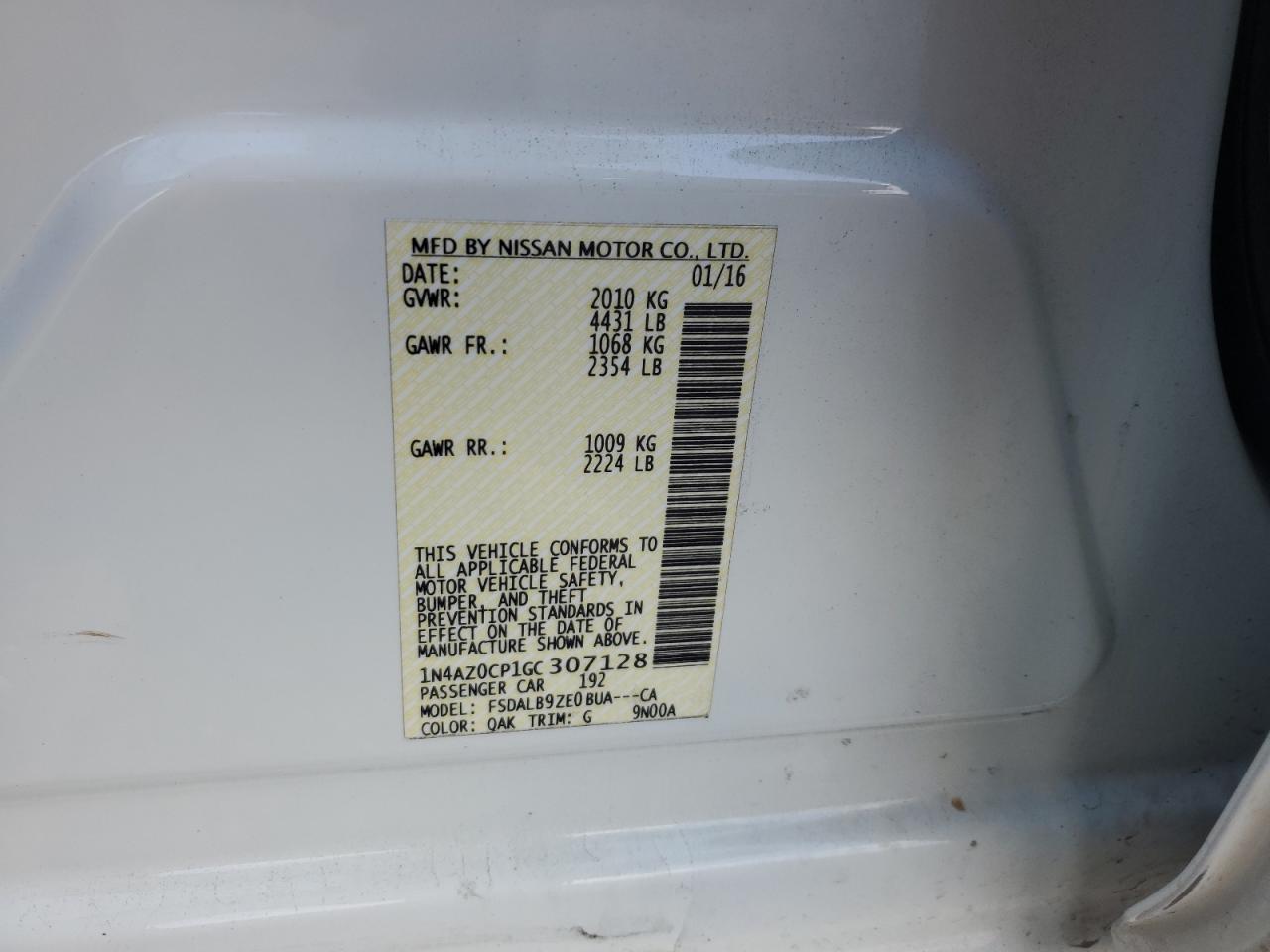 2016 Nissan Leaf S VIN: 1N4AZ0CP1GC307128 Lot: 82003945