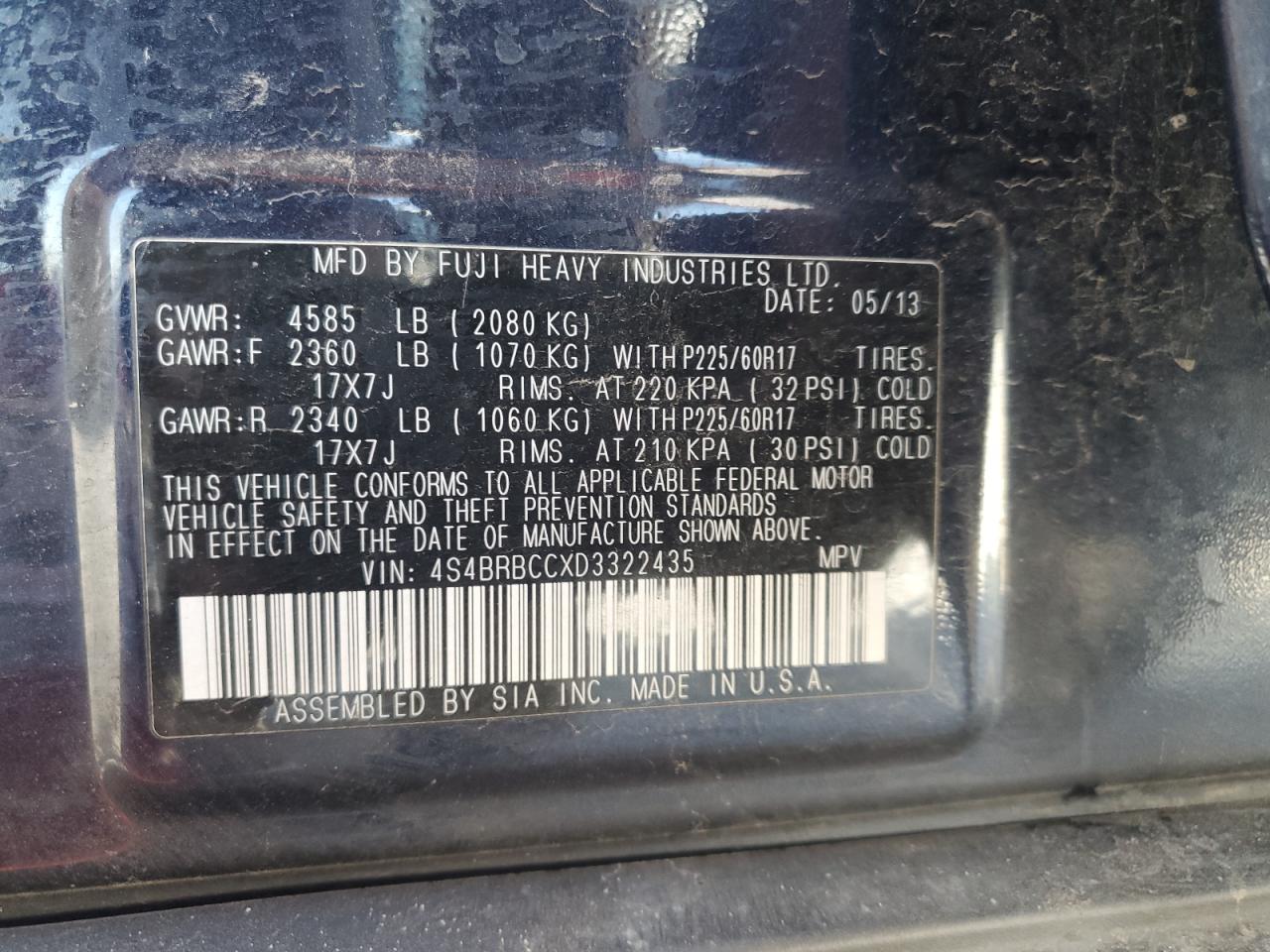 2013 Subaru Outback 2.5I Premium VIN: 4S4BRBCCXD3322435 Lot: 85573435