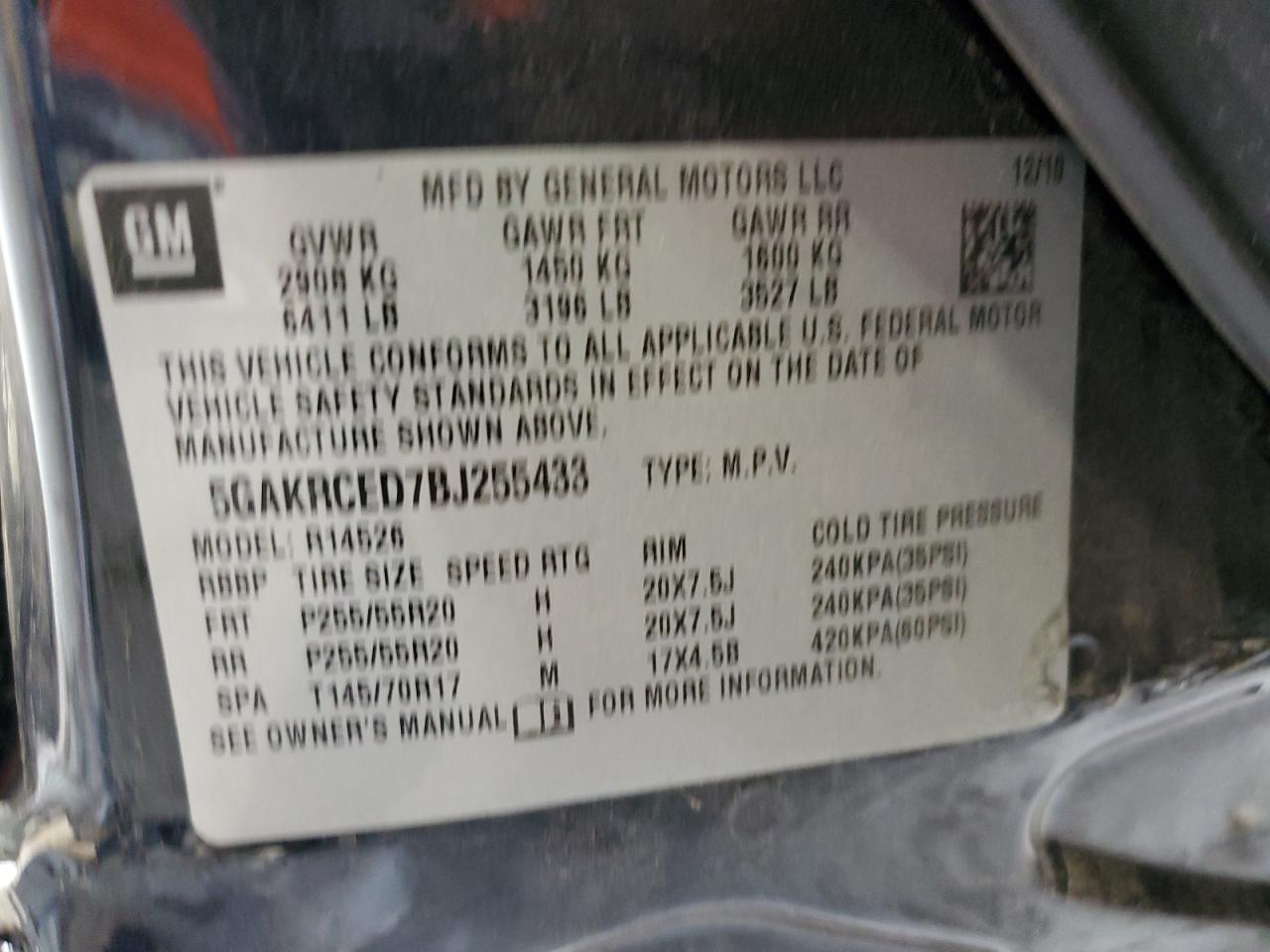 2011 Buick Enclave Cxl VIN: 5GAKRCED7BJ255433 Lot: 86653175