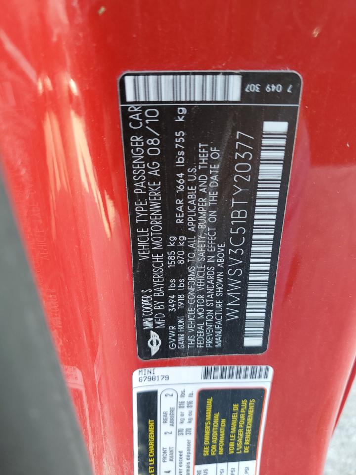 2011 Mini Cooper S VIN: WMWSV3C51BTY20377 Lot: 85931315