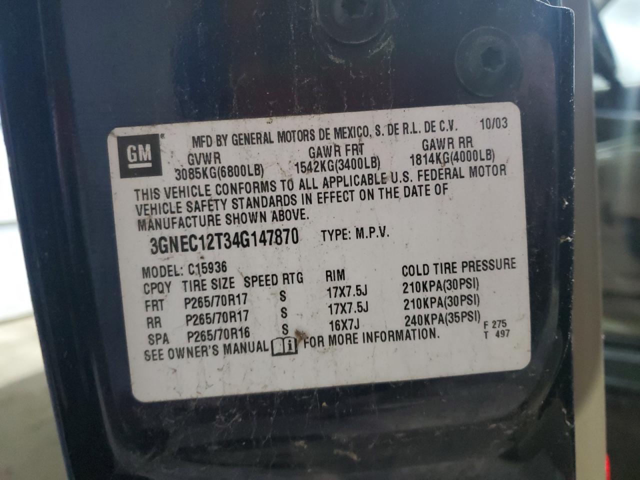 2004 Chevrolet Avalanche C1500 VIN: 3GNEC12T34G147870 Lot: 89654545