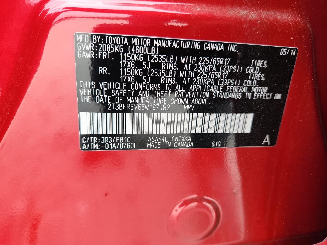 2014 Toyota Rav4 Le VIN: 2T3BFREV6EW187182 Lot: 86213315