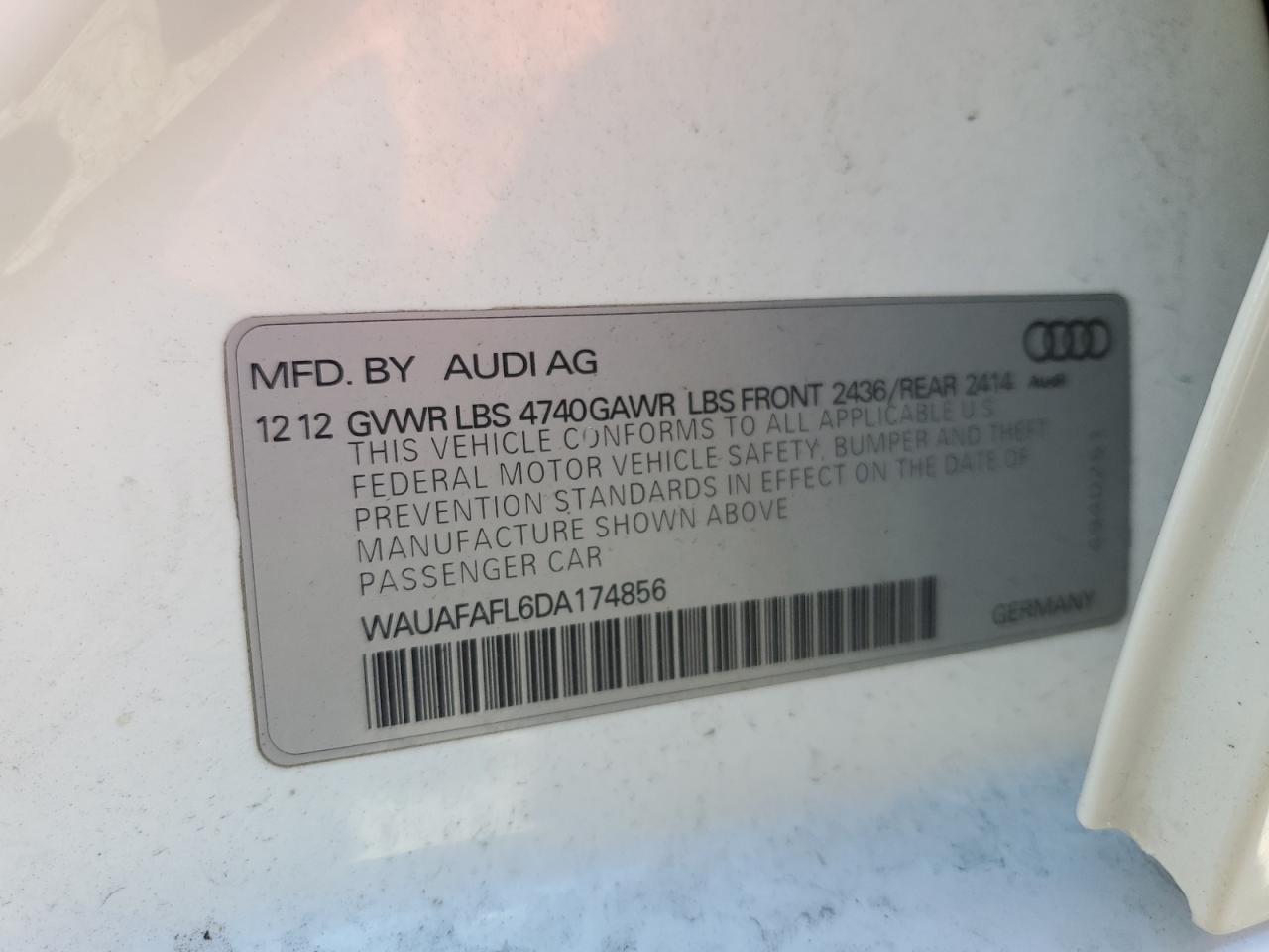 2013 Audi A4 Premium VIN: WAUAFAFL6DA174856 Lot: 90308055