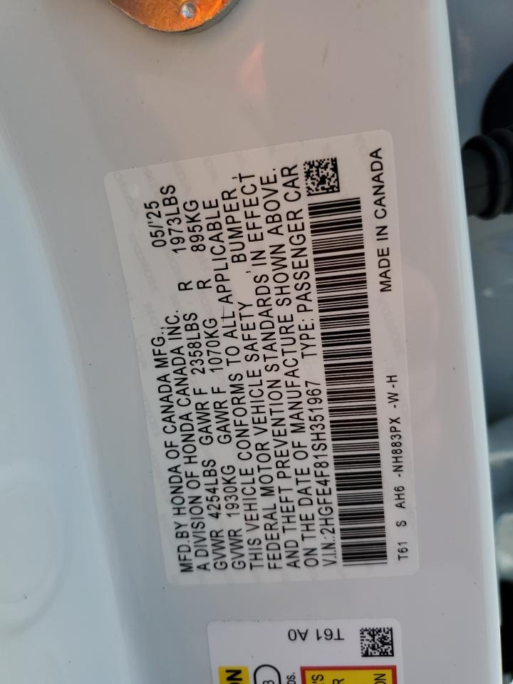 2025 Honda Civic Sport VIN: 2HGFE4F81SH351967 Lot: 85011595