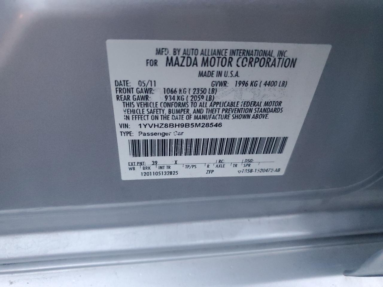 2011 Mazda 6 I VIN: 1YVHZ8BH9B5M28546 Lot: 85546125