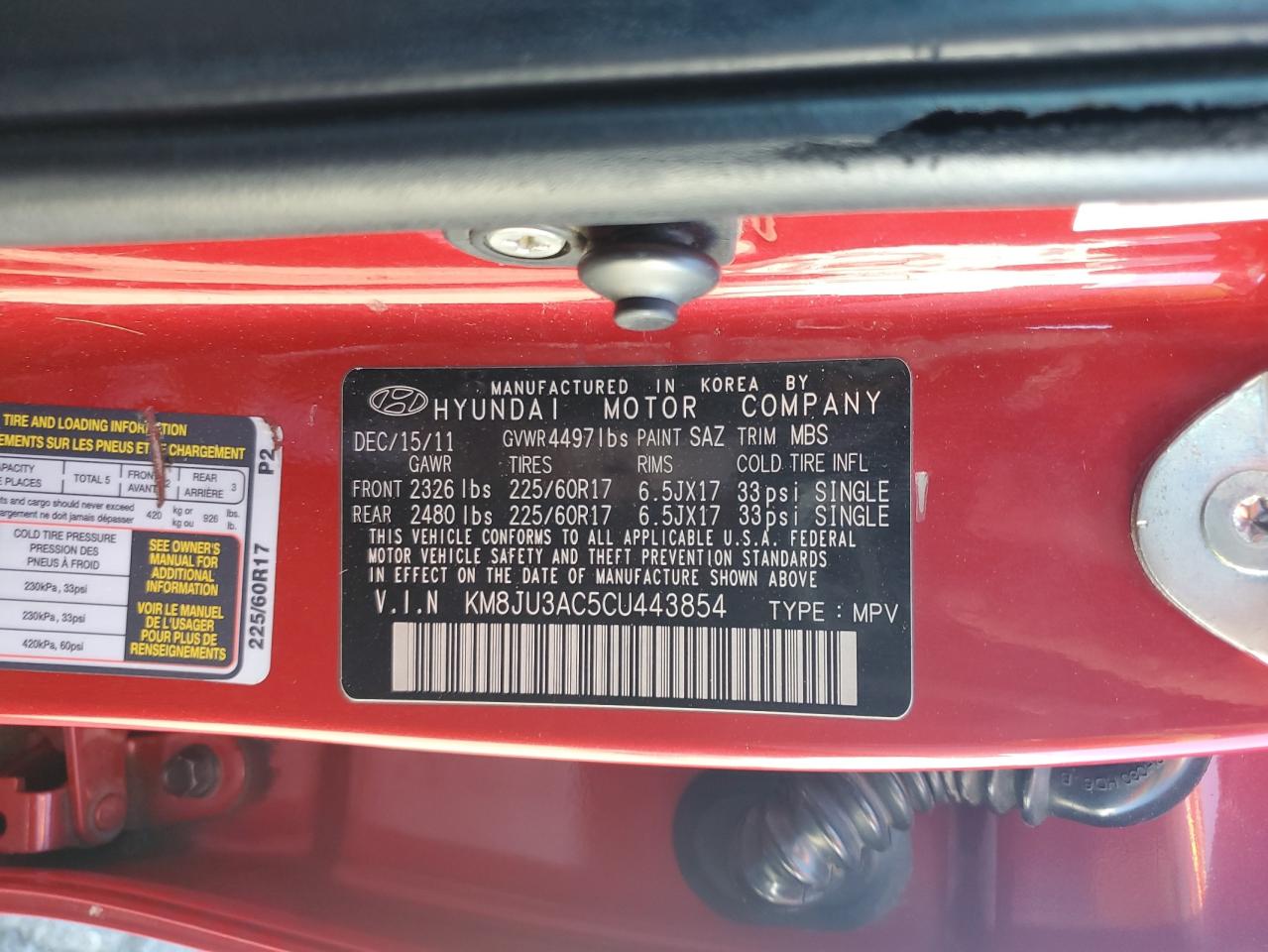 2012 Hyundai Tucson Gls VIN: KM8JU3AC5CU443854 Lot: 86699395