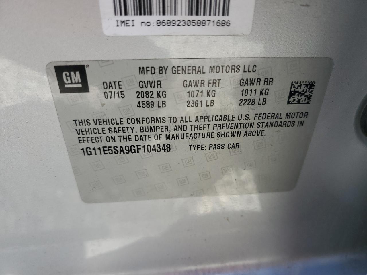 2016 Chevrolet Malibu Limited Ltz VIN: 1G11E5SA9GF104348 Lot: 82361375