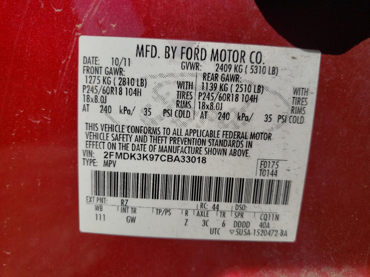 2012 Ford Edge Limited VIN: 2FMDK3K97CBA33018 Lot: 82223215