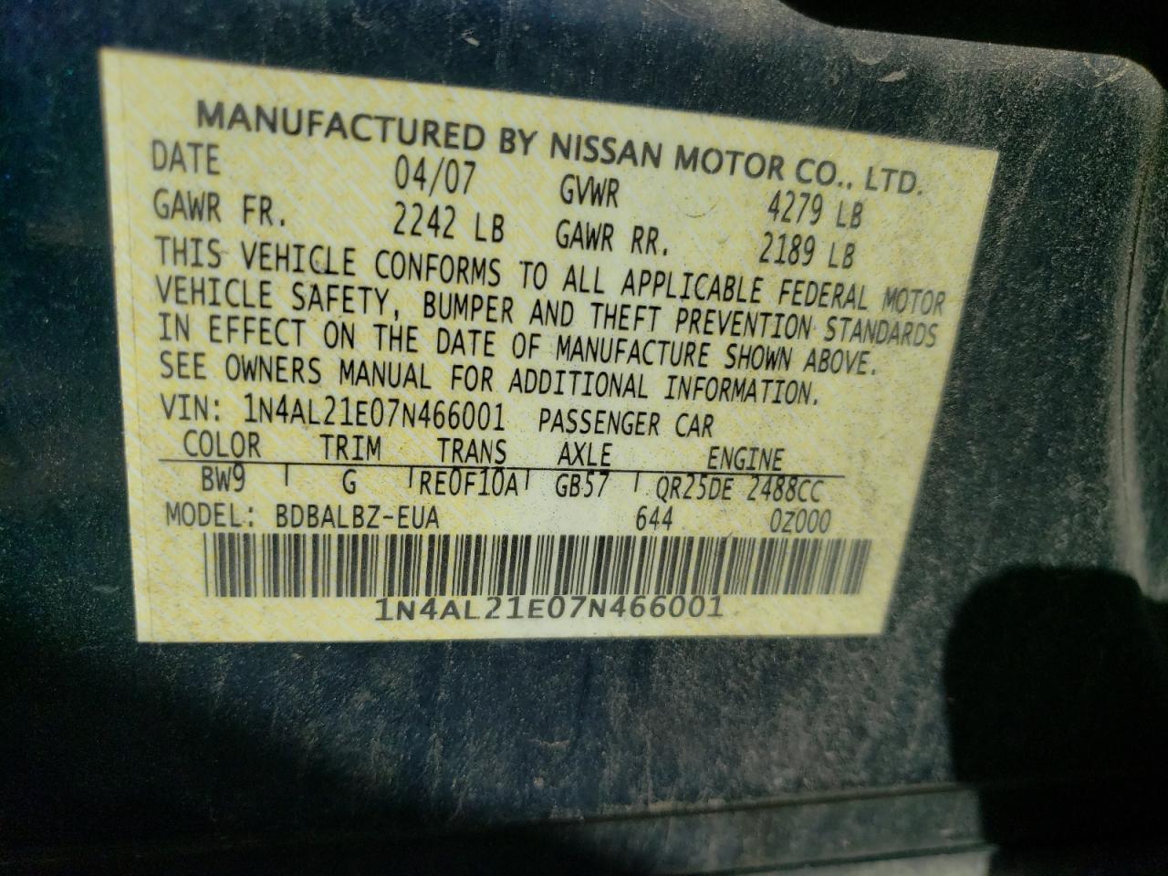 2007 Nissan Altima 2.5 VIN: 1N4AL21E07N466001 Lot: 82286035