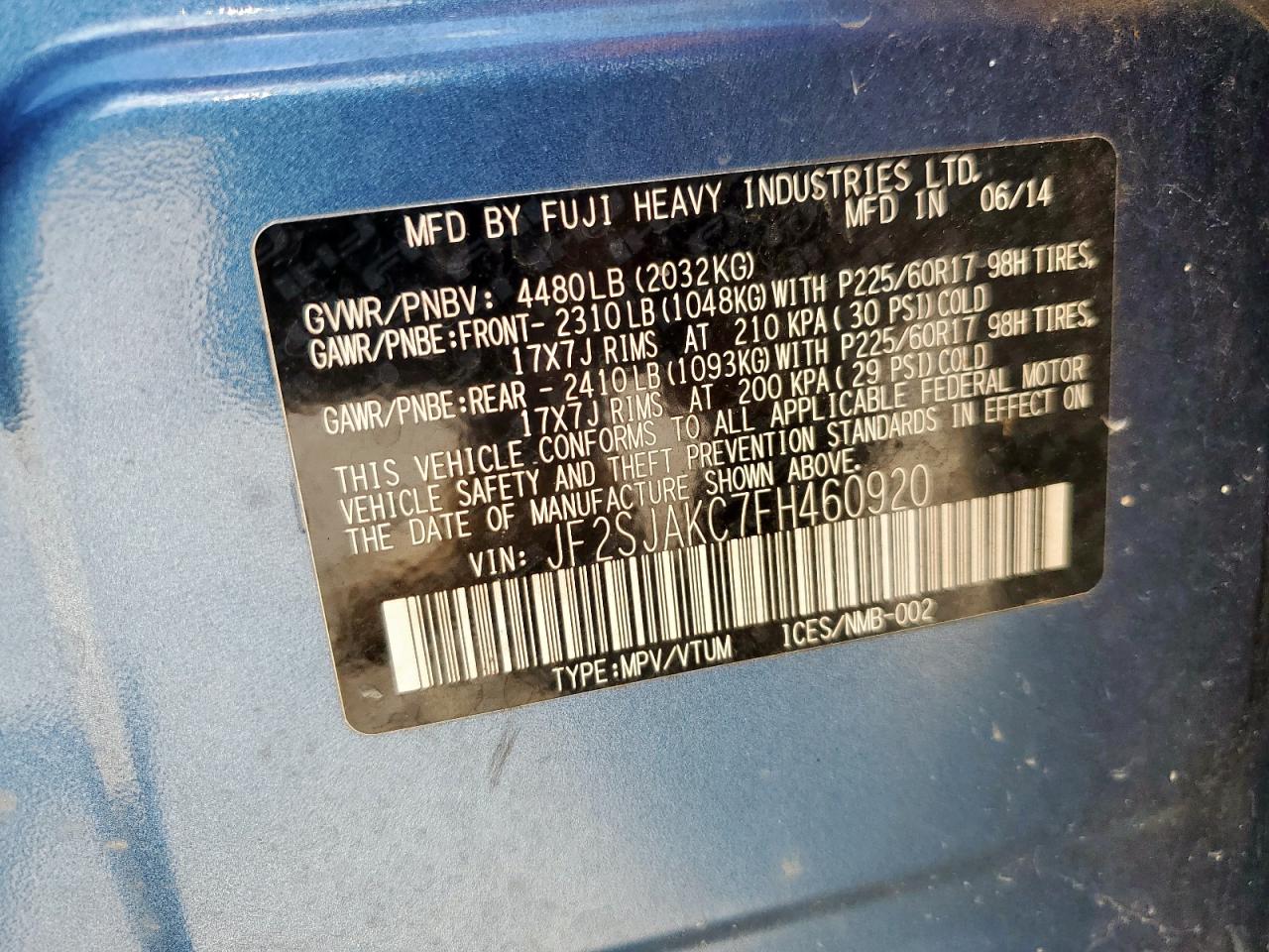 2015 Subaru Forester 2.5I Limited VIN: JF2SJAKC7FH460920 Lot: 85785995