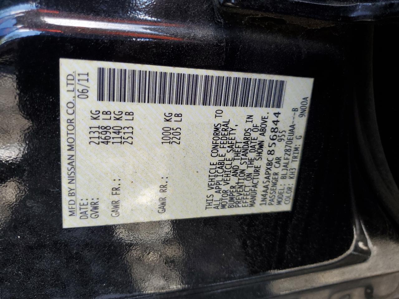 2011 Nissan Maxima S VIN: 1N4AA5APXBC856844 Lot: 82372715