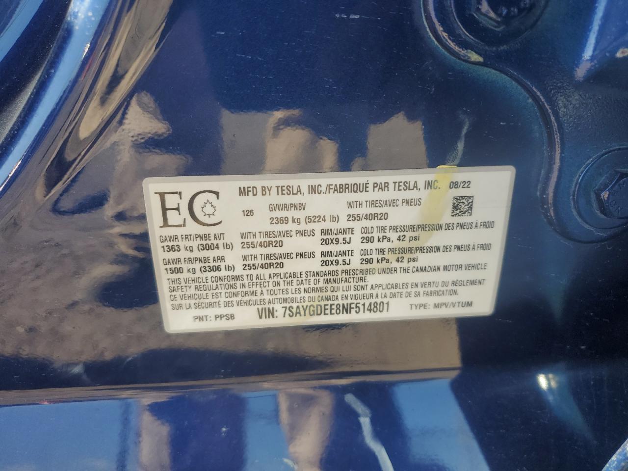 2022 Tesla Model Y VIN: 7SAYGDEE8NF514801 Lot: 86123585