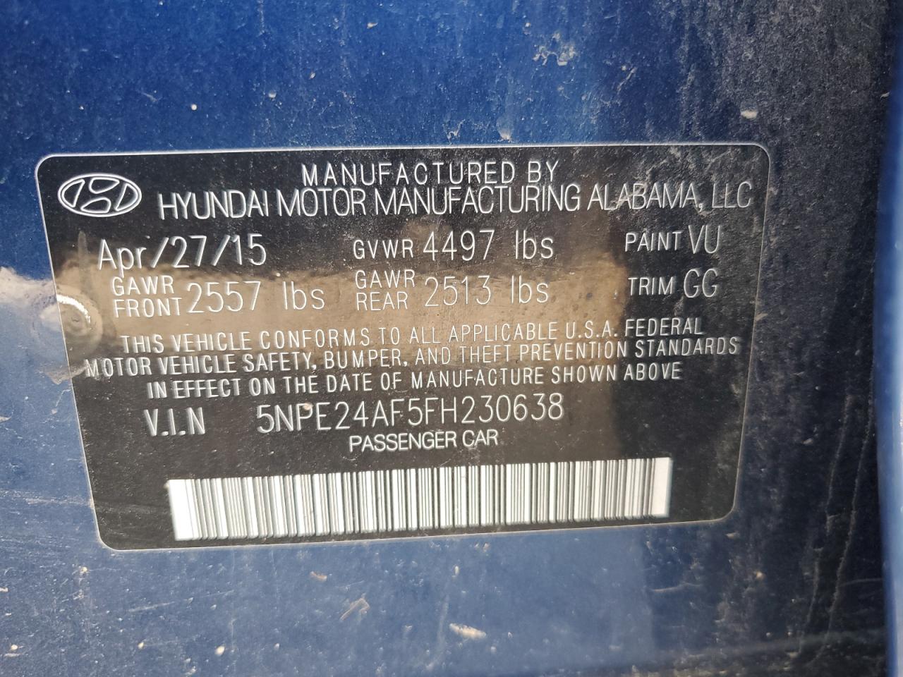 2015 Hyundai Sonata Se VIN: 5NPE24AF5FH230638 Lot: 87248955