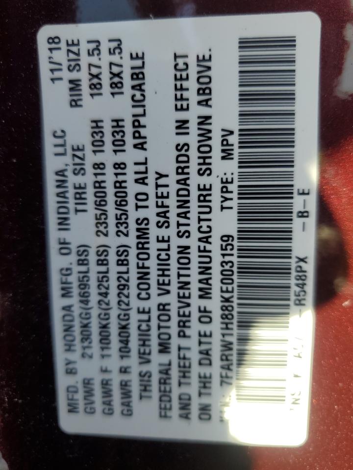 2019 Honda Cr-V Exl VIN: 7FARW1H88KE003159 Lot: 85571225