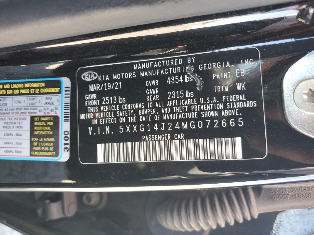 2021 Kia K5 Lxs VIN: 5XXG14J24MG072665 Lot: 84813405