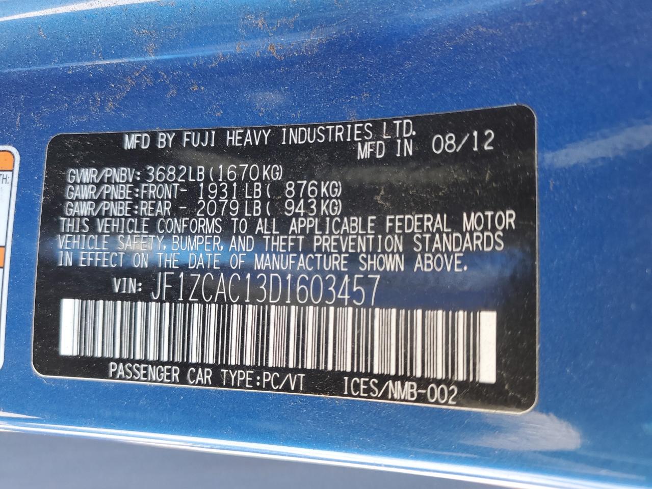 2013 Subaru Brz 2.0 Limited VIN: JF1ZCAC13D1603457 Lot: 86827195