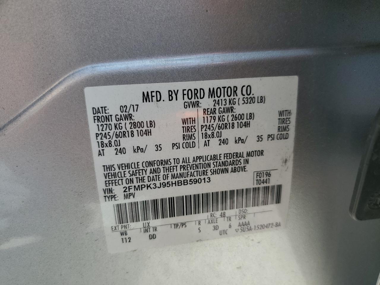 2017 Ford Edge Sel VIN: 2FMPK3J95HBB59013 Lot: 87087335