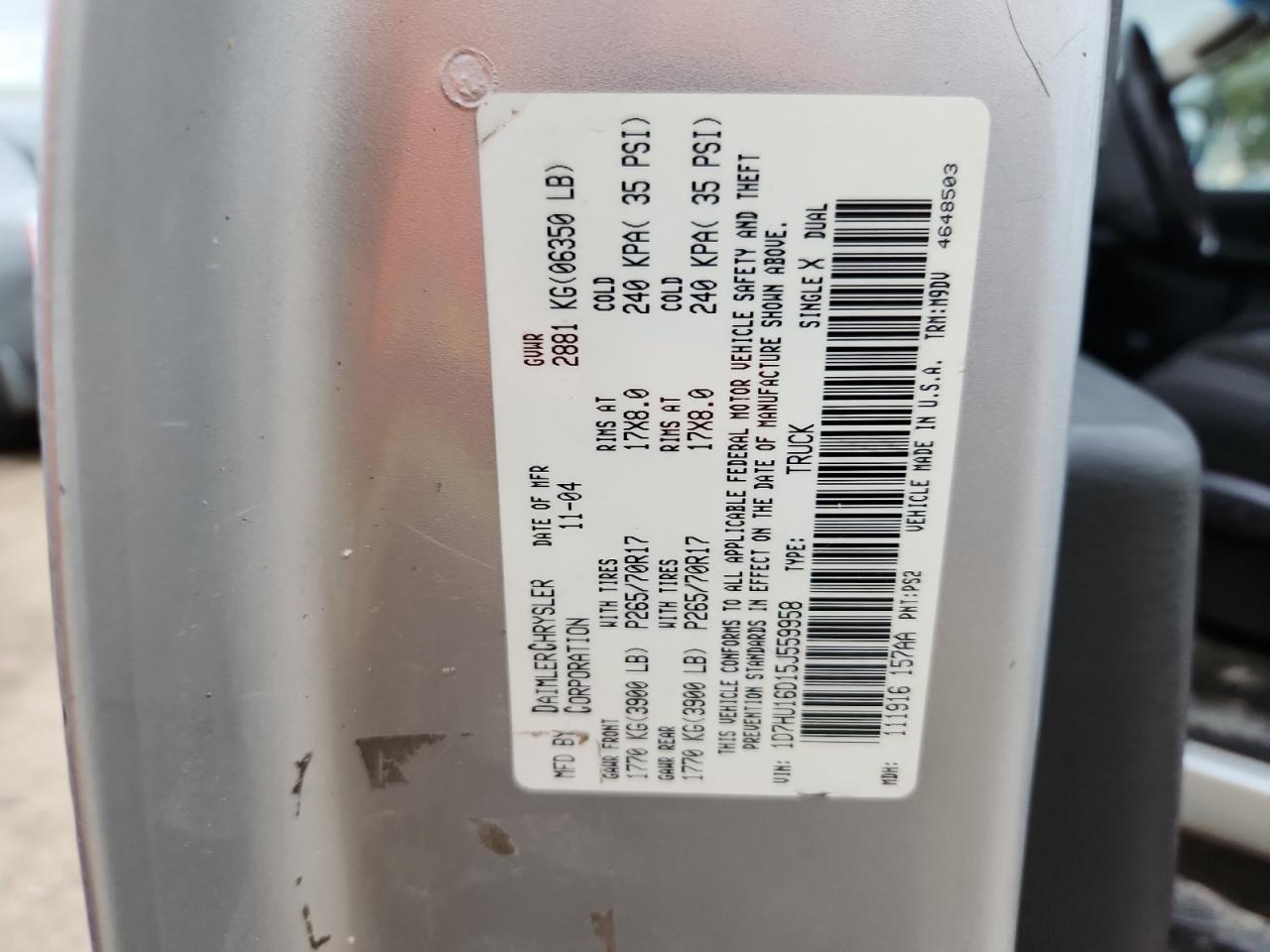 2005 Dodge Ram 1500 St VIN: 1D7HU16D15J559958 Lot: 90252355