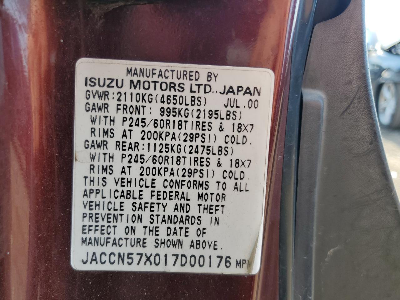 2001 Isuzu Vehicross VIN: JACCN57X017D00176 Lot: 85288375