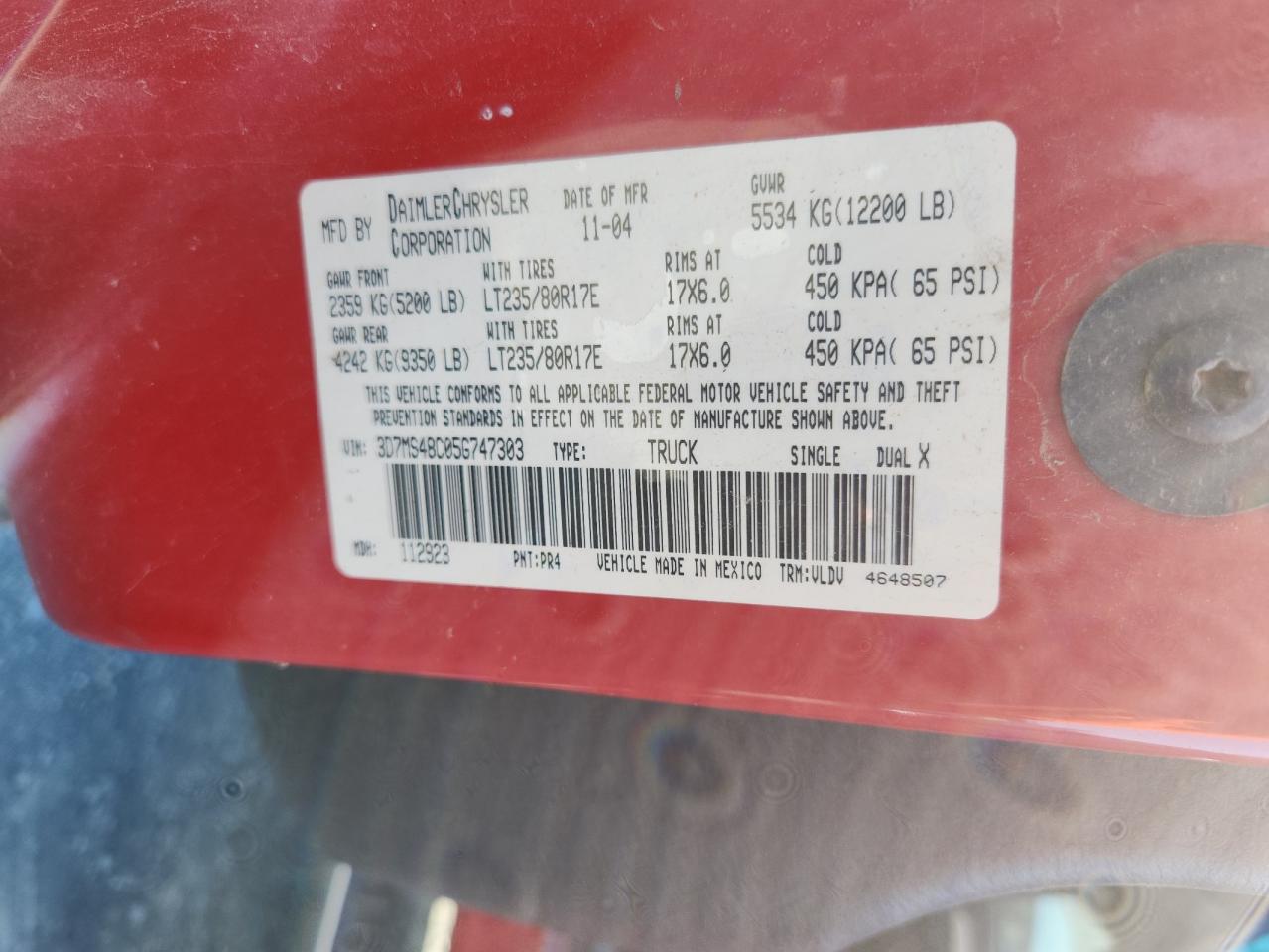 2005 Dodge Ram 3500 St VIN: 3D7MS48C05G747303 Lot: 84255055