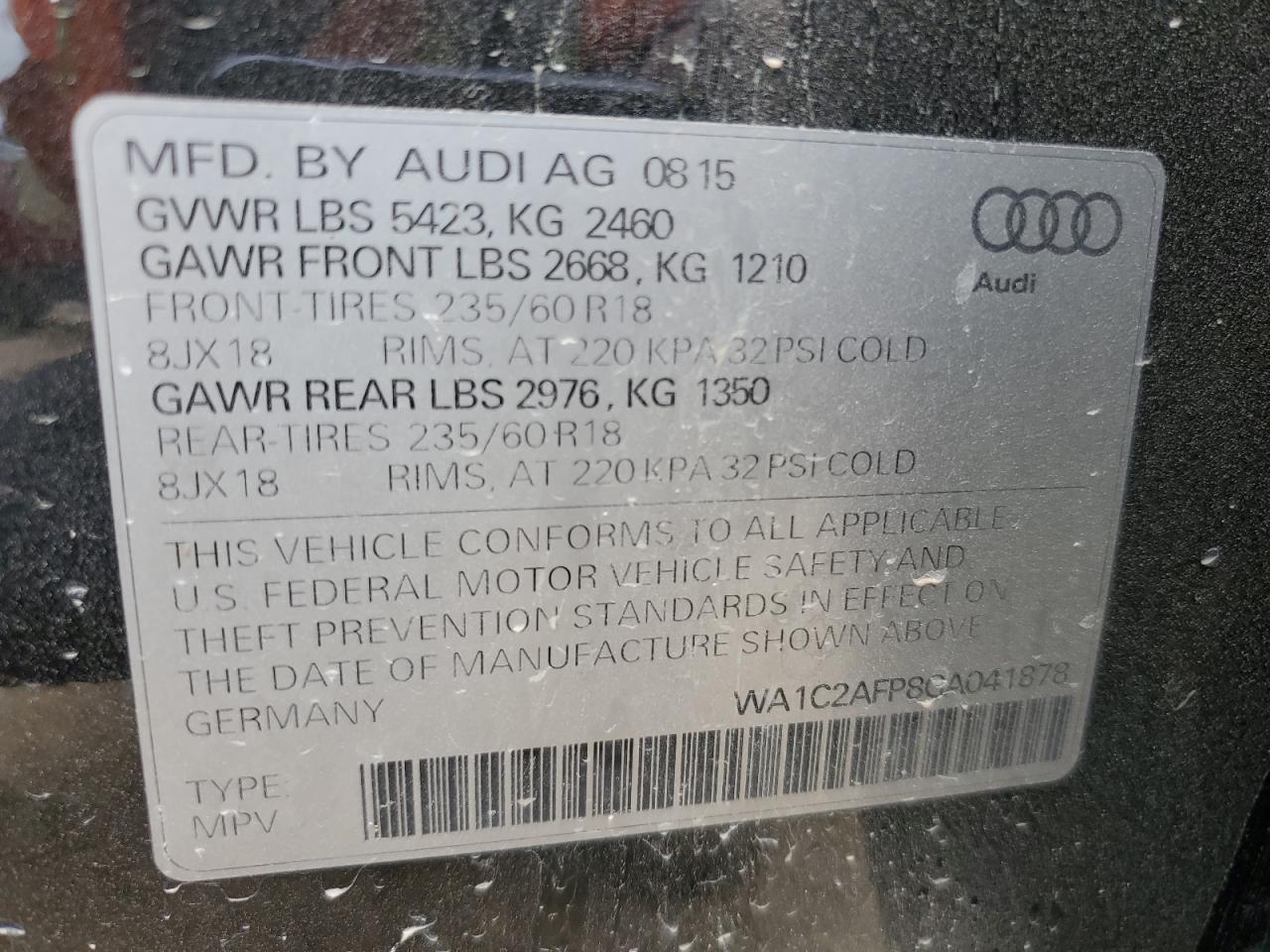 2016 Audi Q5 Premium VIN: WA1C2AFP8GA041878 Lot: 89697555