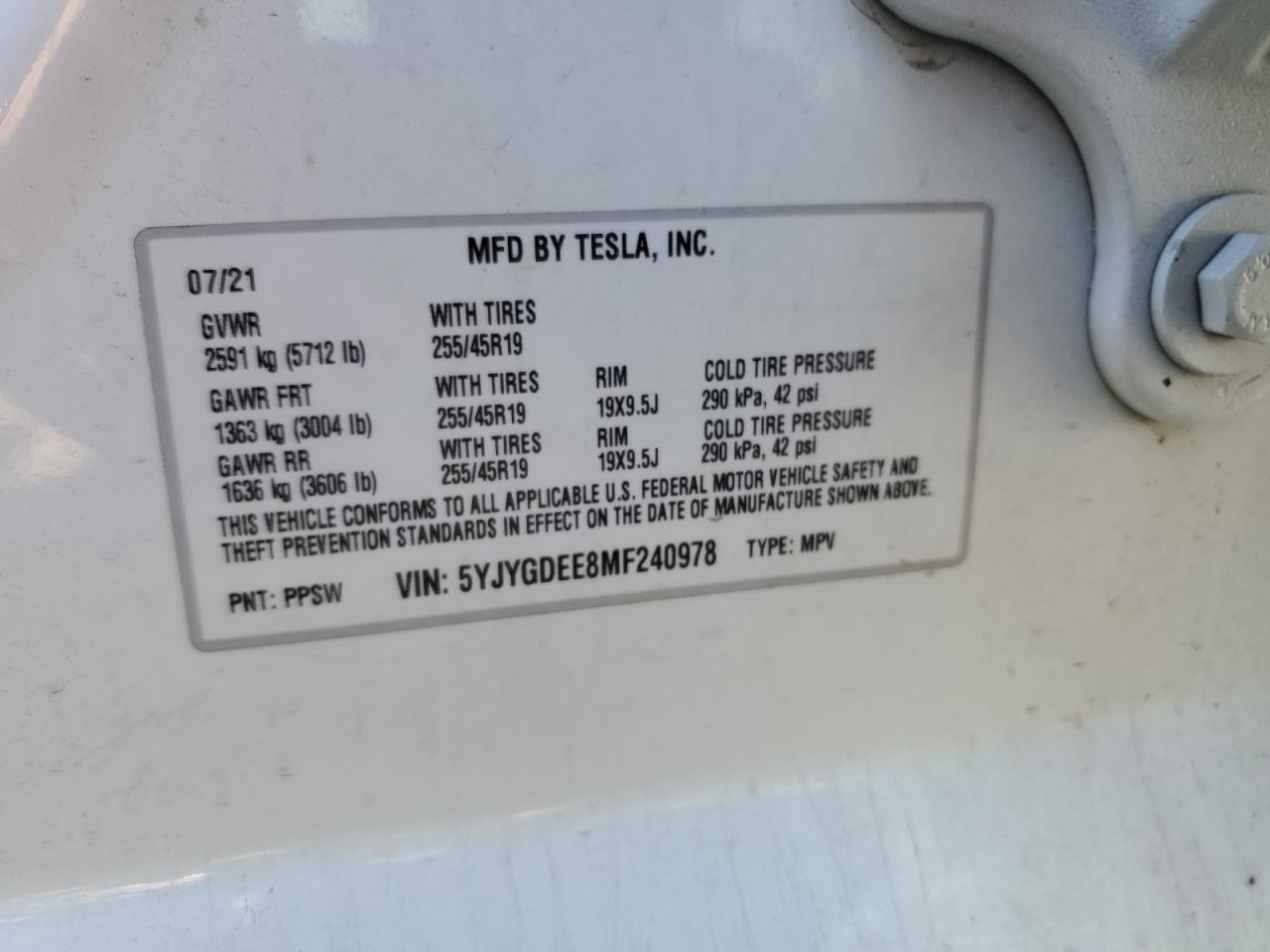 2021 Tesla Model Y VIN: 5YJYGDEE8MF240978 Lot: 86428285