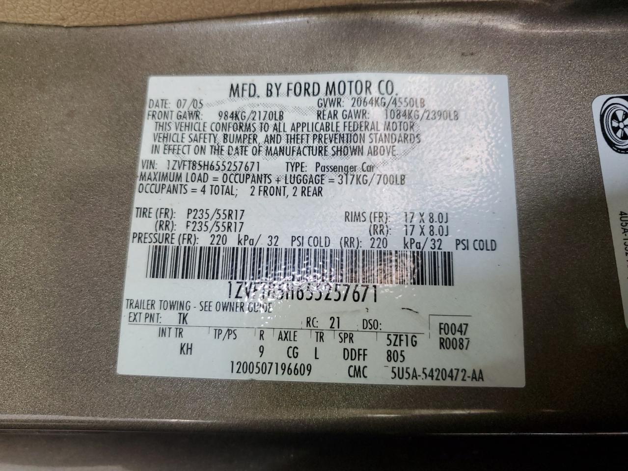 2005 Ford Mustang Gt VIN: 1ZVFT85H655257671 Lot: 82188385