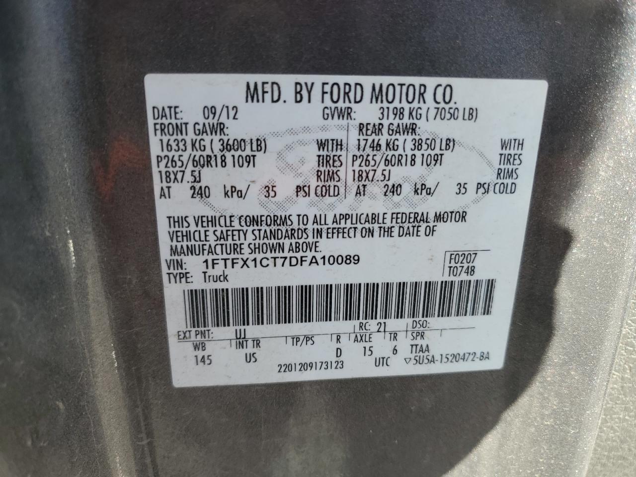 2013 Ford F150 Super Cab VIN: 1FTFX1CT7DFA10089 Lot: 87099215