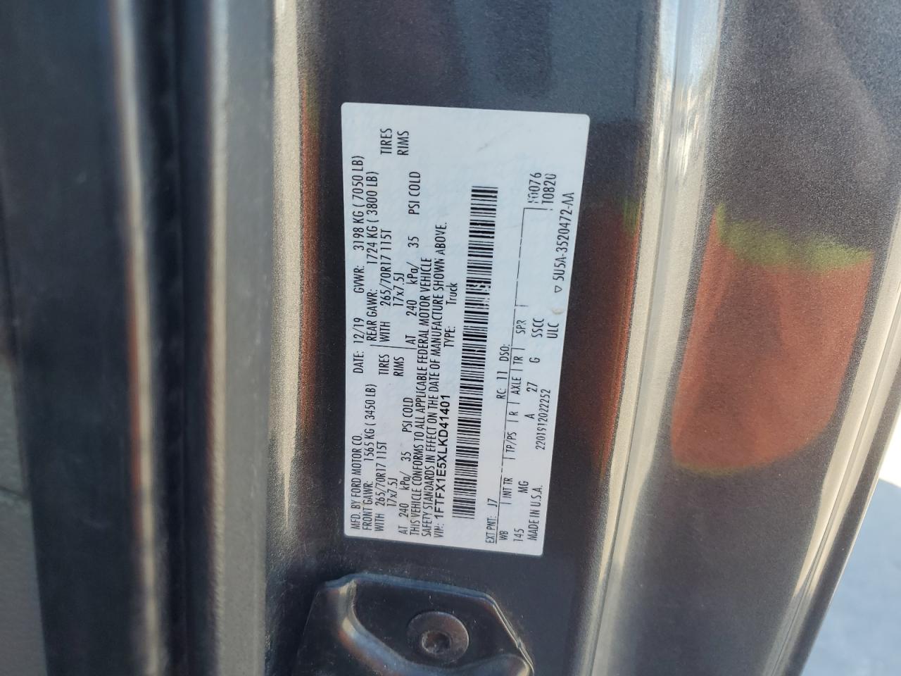 2020 Ford F150 Super Cab VIN: 1FTFX1E5XLKD41401 Lot: 85863245