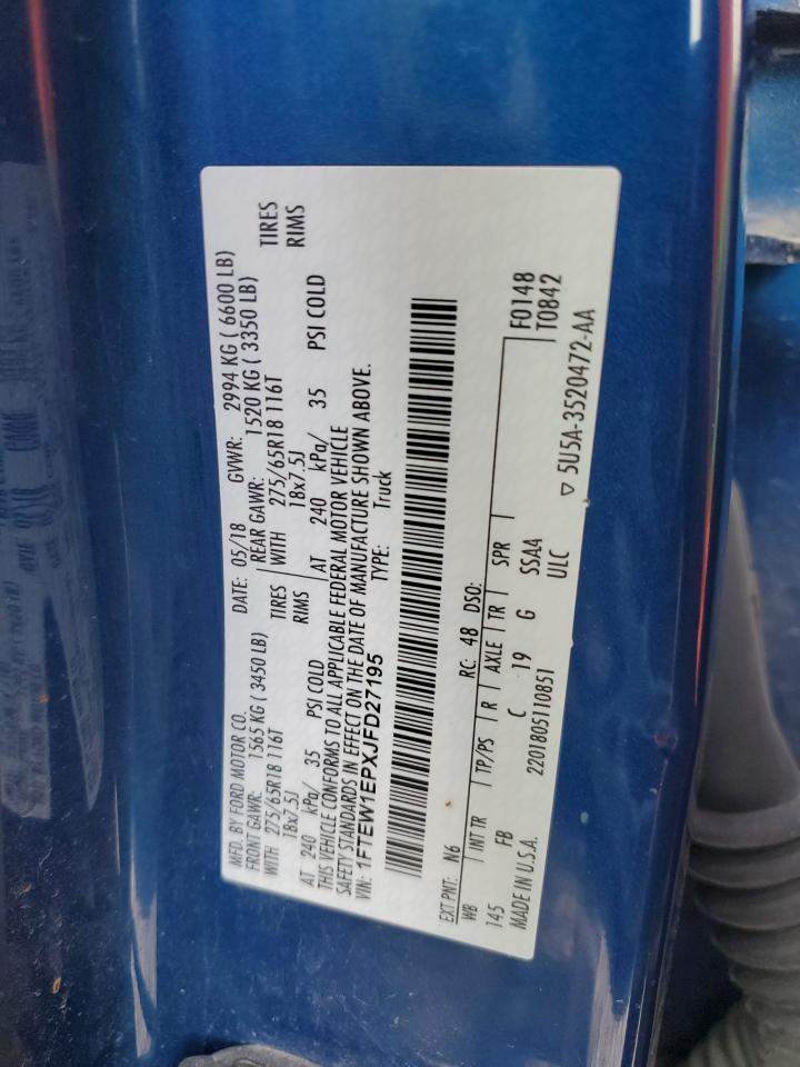 2018 Ford F150 Supercrew VIN: 1FTEW1EPXJFD27195 Lot: 82621935